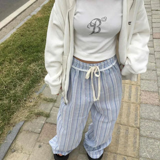 Loose-fit Striped String Wide Daily Long Pants