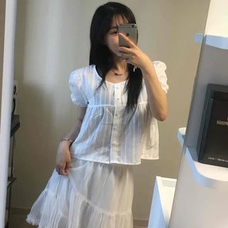 See-through Button-Down A-Line Short Sleeve Blouse