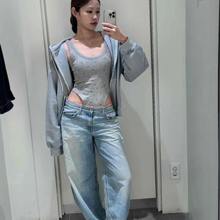 Loose Fit Plain Zipper Drawstring Full Zip Long Sleeve Zip-Up