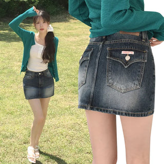 Master of Colors, Leather Label Back Pocket Patch High-Waisted Washed Dark Blue Denim Mini Skirt