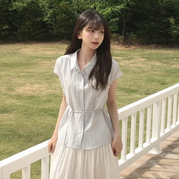 Innocent Mood, Pure Waist-Cinched Strap Delicate Fit Blouse Short Sleeve Shirt