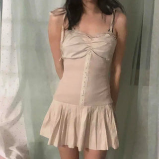 Shirred Ribbon Frill Flare Sleeveless Mini Dress