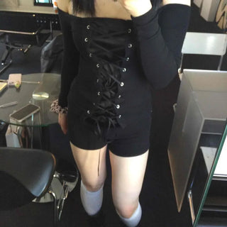 Eyelet Ribbon Lace-up Slim Fit Long Sleeve T-shirt