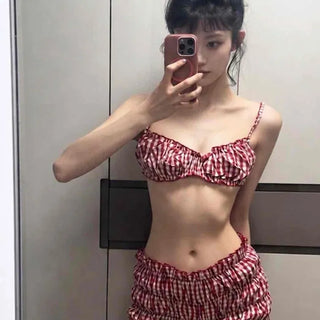 Shirred Frill Strap Gingham Check Sleeveless Two-Piece