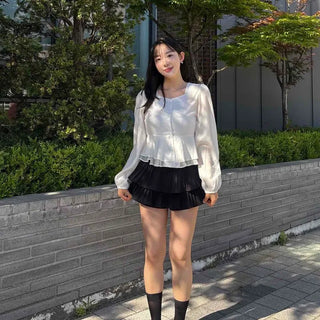 Shirred Button Fitted Plain Long Sleeve Blouse