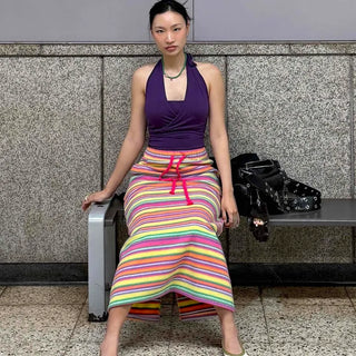 Relaxed Fit Striped String A-Line Long Skirt