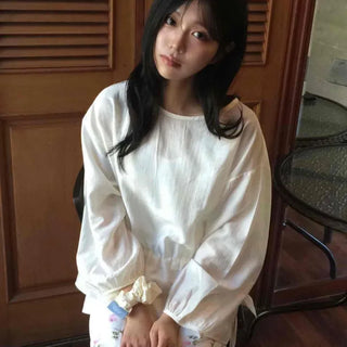 Shirred Plain Loose Fit Long Sleeve Daily Blouse