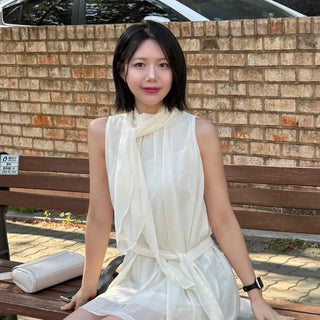 Relaxed Fit Plain Ribbon Shirred Sleeveless A-Line Mini Dress
