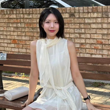 Relaxed Fit Plain Ribbon Shirred Sleeveless A-Line Mini Dress