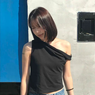 Loose Fit Plain One-Shoulder Casual Daily Sleeveless
