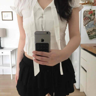 Button Pintuck Plain Short Sleeve Daily Blouse