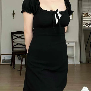 Frill Ribbon Shirred Fitted H-Line Short Sleeve Mini Dress