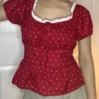 Shirred Frill Dot Backless Fitted Short Sleeve Blouse