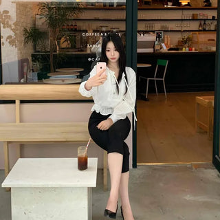Shirred Button Loose Fit Plain Long Sleeve Blouse