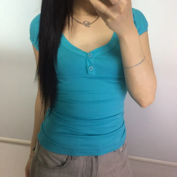 Turquoise Mint Shirred Puff Button Slim Short Sleeve Tee / Vintage Y2K Pinterest Look Summer Clothes Short Sleeve T-shirt Plain Tee Cap Sleeve U-Neck Short Sleeve Delicate Fit Colors Aqua Blue Mint