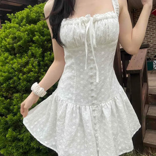 Fitted Flower Shirred Frill Ribbon Sleeveless Mini Dress