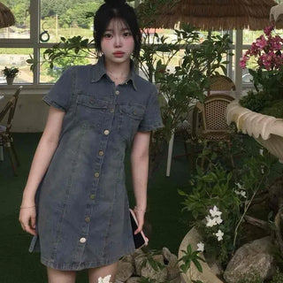 Washed Button Flap Pocket Straight Short Sleeve Mini Dress