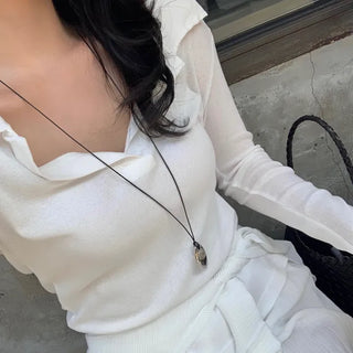 Yur Ribbed Collar Slit Long Sleeve Tee