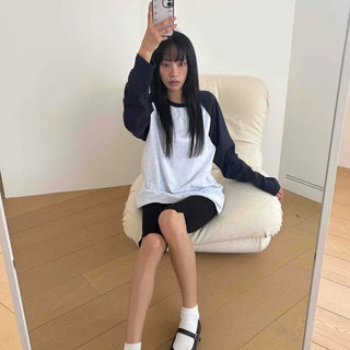 Loose Fit Oversized Color Block Raglan Sleeve Long Sleeve T-shirt