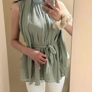 Shirred Ribbon Loose Fit A-Line Sleeveless Blouse
