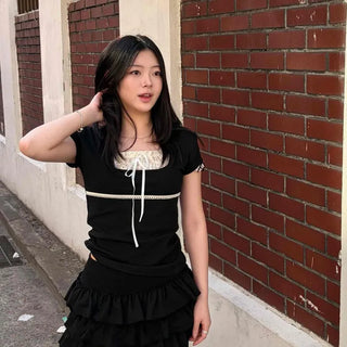 Fitted Contrast Shirred Ribbon Button Short Sleeve T-shirt