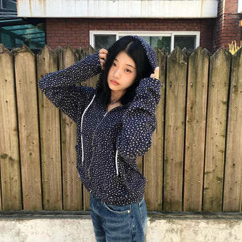 Loose Fit Polka Dot Zipper Drawstring Full Zip Long Sleeve Zip-Up