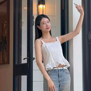Regular Fit Pintuck Frill Strap Sleeveless Blouse