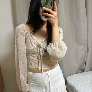 Shirred String Flower Long Sleeve Daily Blouse