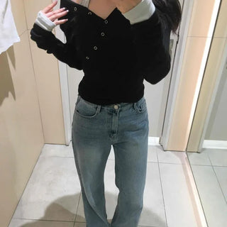 Loose-fit Buttoned Plain Daily Long-sleeve Hooded T-shirt