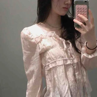 Loose Fit Shirred Frill Ribbon A-Line Long Sleeve Blouse