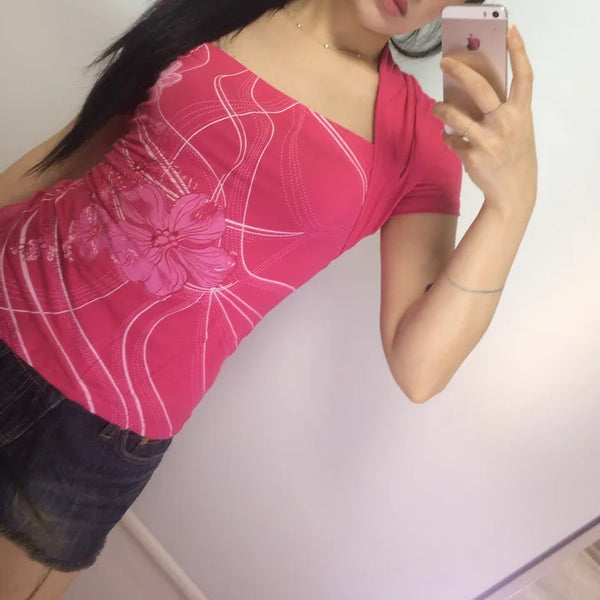 Hot Pink Floral Shirred Bolero Short Sleeve Tee / Vintage Slim Fit Short Sleeve Delicate Fit Printed Short Sleeve Colored Short Sleeve Tube Top