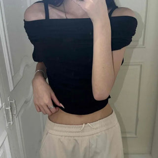 Strap Shirred Sleeveless Plain Casual Short Sleeve T-shirt
