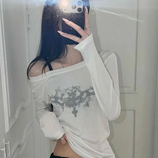 Off-shoulder Printed Loose Fit Daily Long-sleeve T-shirt