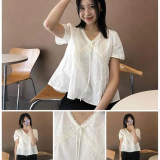 Shirred Ribbon Tiered Loose Fit Short Sleeve Blouse