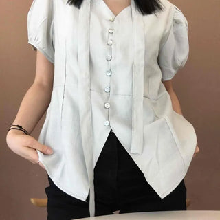 Shirred Ribbon Pintuck Button-Down Loose Fit Short Sleeve Blouse