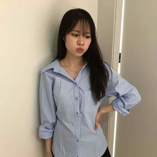 Shirred Button Plain Oversized Long Sleeve Shirt