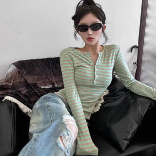 Button Stripe Slim Fit Daily Long Sleeve T-shirt