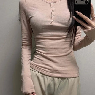 Henley Neck Button Slim Fit Plain Long Sleeve T-shirt
