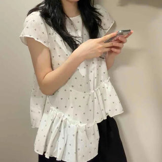 Loose-fit Printed Frill Shirred A-line Short-sleeve Blouse