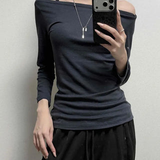 Off-shoulder Slim Fit Fitted Plain Daily Long Sleeve T-shirt