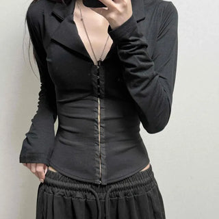Zipper Cut Full Zip Slim Fit Plain Long Sleeve Shirt