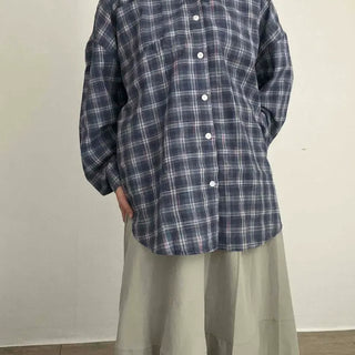 Hooded Check Button-Down Oversized Long Sleeve Shirt