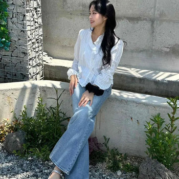 Loose-fit Striped Frill Pintuck Button-down Long Sleeve Blouse