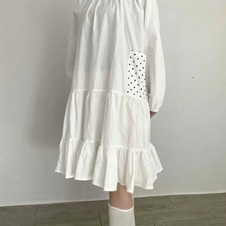 Shirred Frill Ribbon Dot Tiered A-Line Long Sleeve Mini Dress