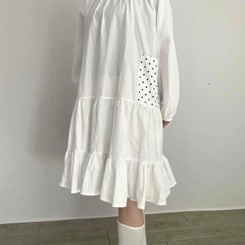 Shirred Frill Ribbon Dot Tiered A-Line Long Sleeve Mini Dress