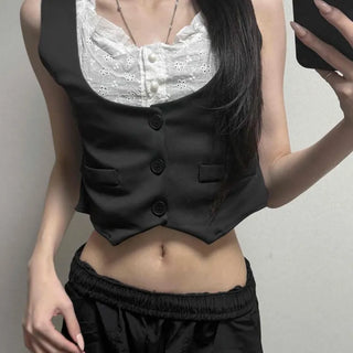 Button Frill Flap Pocket Contrast Layered Fitted Sleeveless