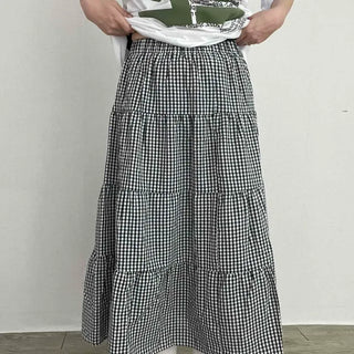 Gingham Check Flare Tiered A-Line Long Skirt