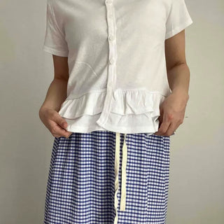 Frill Tiered Button Plain Regular Fit Short Sleeve T-shirt