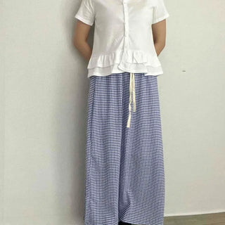 String Check Wide Daily Long Skirt