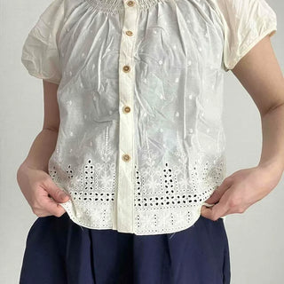 Shirred Punched Button-Down Short Sleeve Blouse